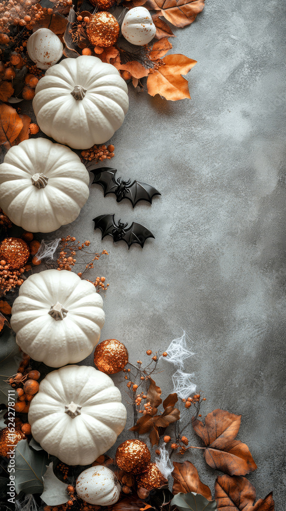 Fototapeta premium A creative Halloween flatlay showcases white pumpkins and metallic bats arranged among spider webs and autumn leaves, perfect for seasonal decoration. Space for text enhances its festive appeal