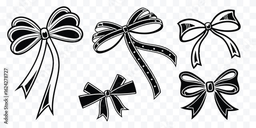 Elegant Black and White Ribbon Bow Set Vector Illustration for Gift Decoration and Festive Occasions Decoration or Design Element