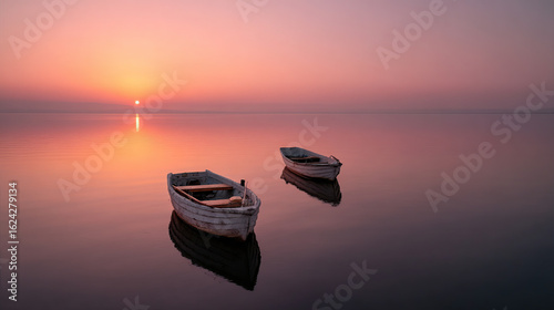 Serene sunset over calm lake with two small boats, reflecting pink and orange hues, ideal for nature and tranquility-themed stock photos