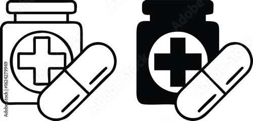 Medication Icons. Black and White Vector Illustrations. Pill Bottle and Capsule. Remedy for Treating Various Diseases. Mental Health Concept
