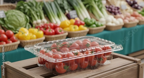 Fresh cherry tomatoes in a plastic clamshell container at a farmer's market.