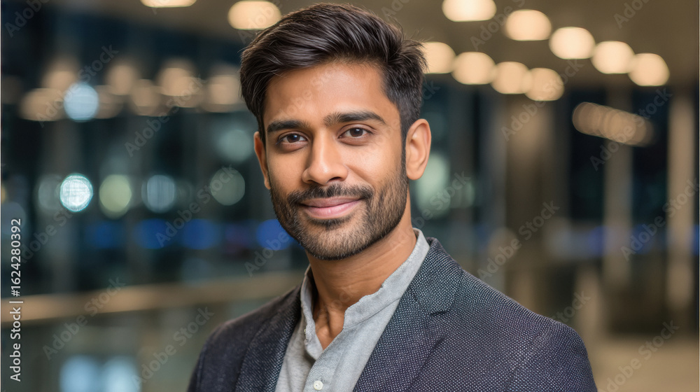 Fototapeta premium Young indian businessman standing confidently at office