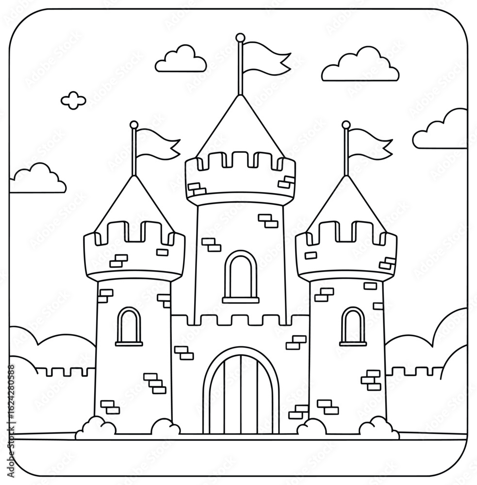 Fototapeta premium Fairytale Castle Coloring Page Featuring Three Towers with Flags, Surrounded by Clouds and Decorative Elements in a Simple Black and White Line Art Style for Kids