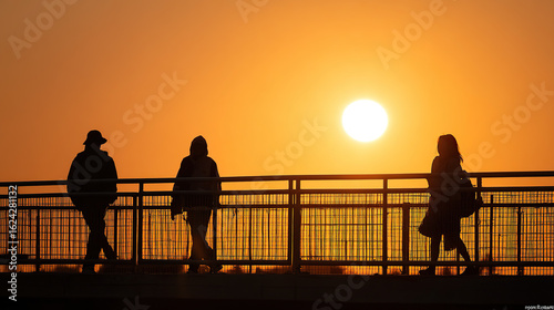 Stunning sunset silhouette of three people walking on a bridge, with vibrant orange sky and sun, perfect for travel and nature themes