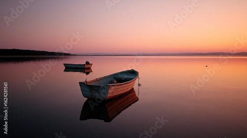 Two rowboats floating on tranquil water during a pastel sunset, minimal and serene