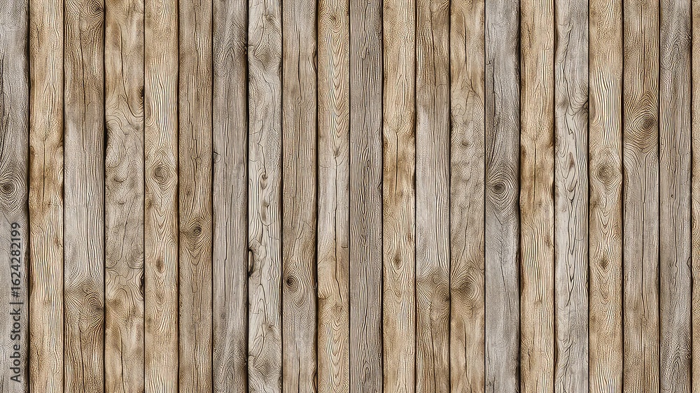 Fototapeta premium Vertical light brown planks exhibit varying tones and wood grain patterns creating a rustic backdrop for design projects.