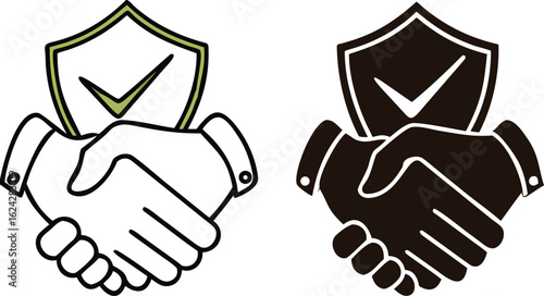 Trust Icons. Black and White Vector Illustrations. Handshake and Shield. Faith in Honesty, Decency, and Good Intentions of Another Person. Influencer Concept
