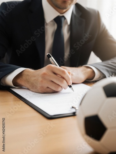 Soccer contract signing office business document professional environment close-up view sports management