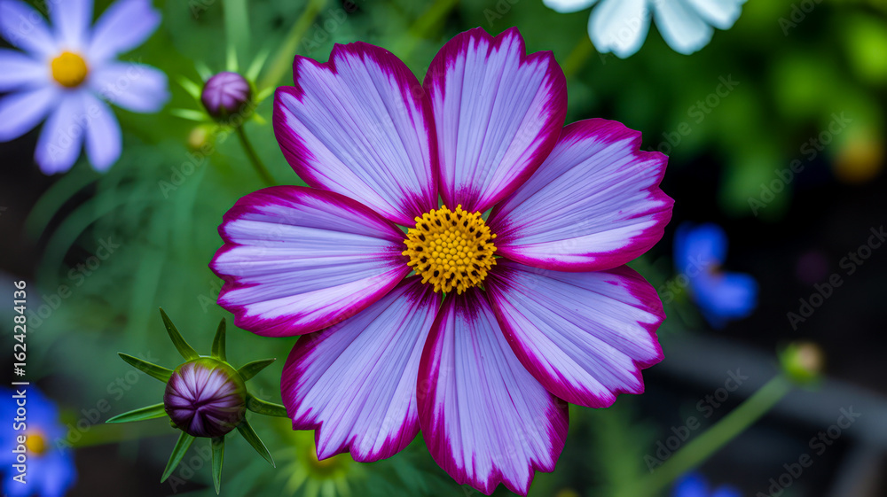 Obraz premium Purple and white cosmos flower with yellow center image