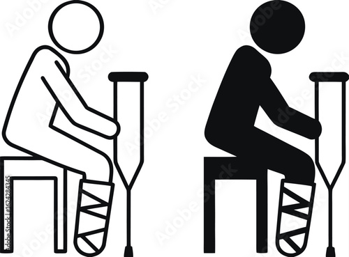 Broken Leg Icons. Black and White Vector Illustration. Man Sitting On Chair With Plaster On Leg. Injury, Illness, Medicine. Disability Concept
