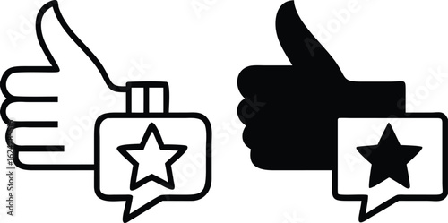 Recommend Icons. Black and White Vector Illustrations. Hand with Thumbs Up and Star, Like. Favorable Review of Something. Influencer Concept
