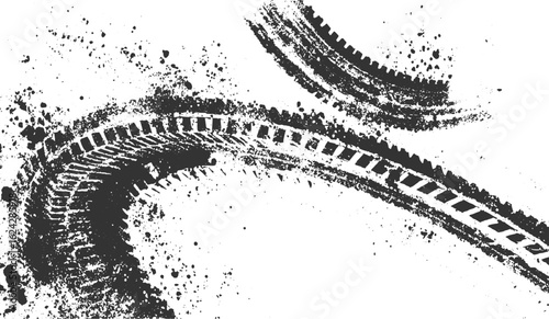 Curved Grunge Tire Track Marks with Splatter Effect dust vector design Grunge Tire Track Print Illustration on White Background