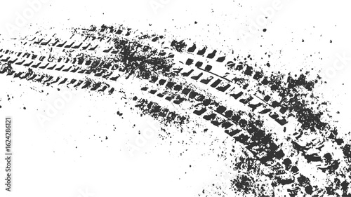 Tire tread patterns, wheel tracks, skidding, braking. Tire tracks - car racing, drag racing, rally, Tire track textured grunge banner. Off road vector illustration isolated on a white backgroud