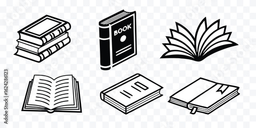Vector Illustration of Books in Various Styles for Education and Reading Concepts Line Art Book Icons