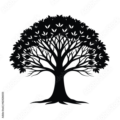 Stylized black silhouette of a lush leafy tree