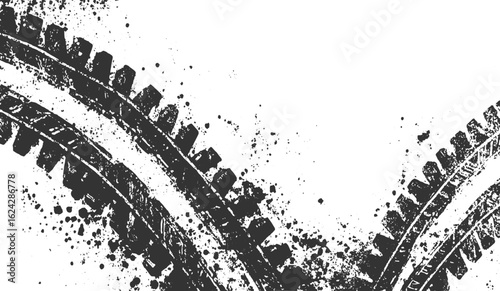 Grunge background of black and white. Abstract illustration texture Curved Grunge Tire Track Marks with Splatter Effect dust vector design Grunge Tire Track Print Illustration on White Background