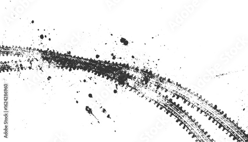 Curved Grunge Tire Track with Splatter Dust Vector Design on White Background
