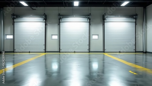 Empty industrial warehouse interior with closed loading dock doors