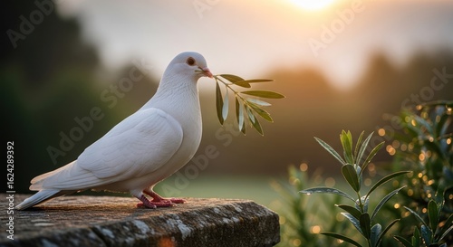 White dove with olive branch at sunrise