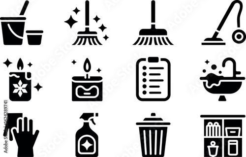 Cleaning Supplies Icons:  Black Glyph Style,  Organized Home, Sparkling Clean