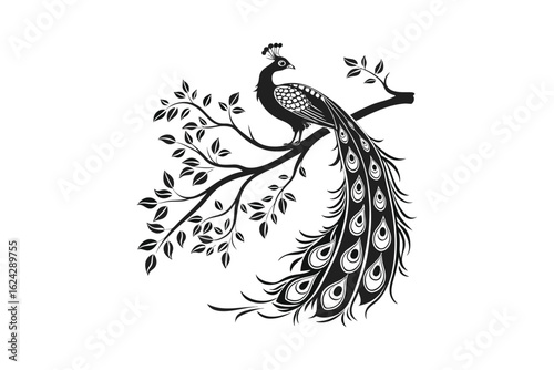 Elegant black silhouette of a majestic peacock perched on a tree branch with intricate feathers and leaves isolated on white background silhouette