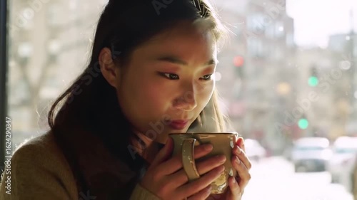 A young beautiful woman enjoying a warm cup of coffee in a cozy café, smiling gently in natural light.