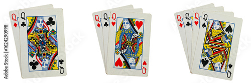 Set of queen playing cards in assorted compositions, isolated on a transparent background.


