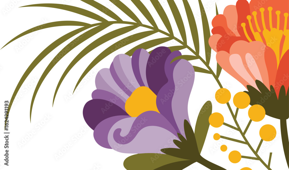 Fototapeta premium Vibrant Floral Illustration Purple Flower, Peach Blossom, Tropical Palm Leaf on White Background