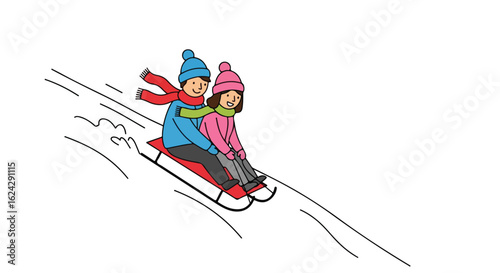 Winter Sledding Fun: Cheerful Couple on a Snowy Ride