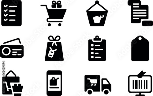 Modern Black Glyph Shopping Icons: Checklist, Cart, Delivery, and More