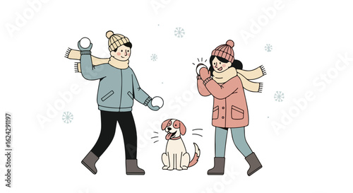 Winter Fun: Children Playing Snowballs with Dog