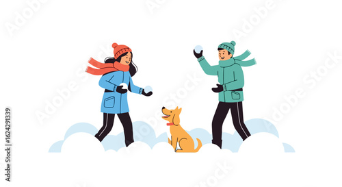 Winter Fun: Kids, Dog, and Snowballs