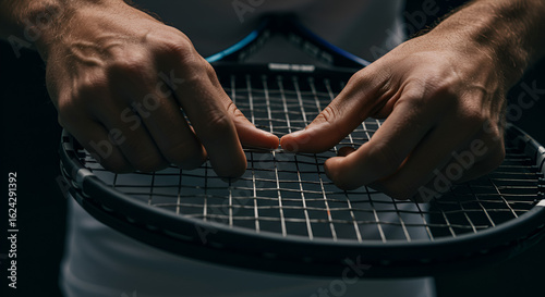 Close-up of hands adjusting tennis racket strings