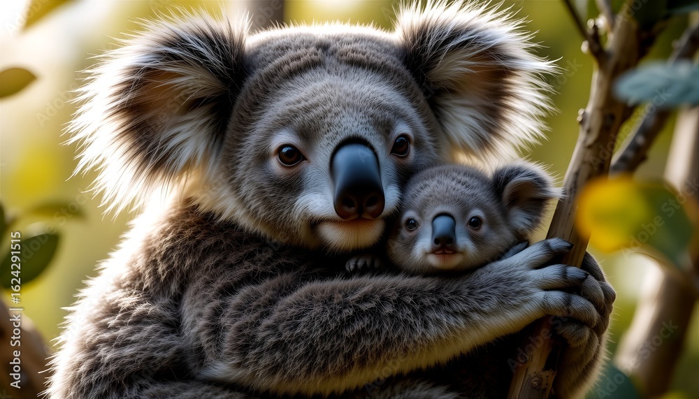 Fototapeta premium Koala Mom and Baby Hugging on Tree - Symbol of Maternal Love and Wildlife Conservation