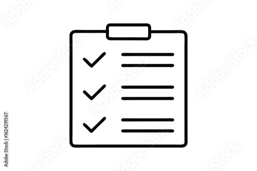 Simple black line drawing of a clipboard with a checklist and three checkmarks to-do list task