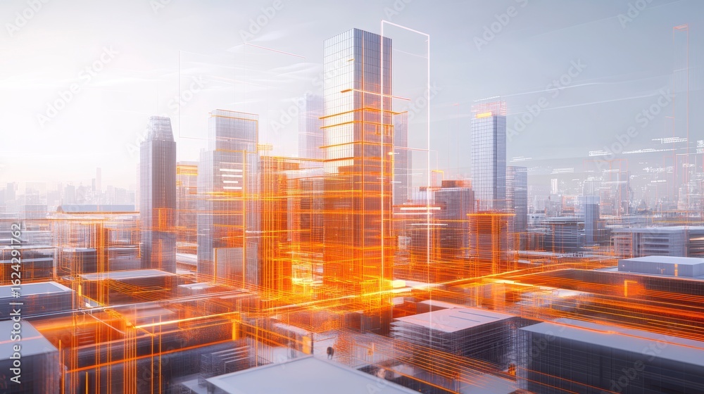 Fototapeta premium Futuristic cityscape with glowing orange lines connecting buildings, symbolizing digital infrastructure and technological advancement.
