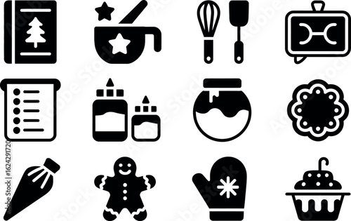 Black Glyph Icons: Festive Baking, Winter Treats, Holiday Recipe Set