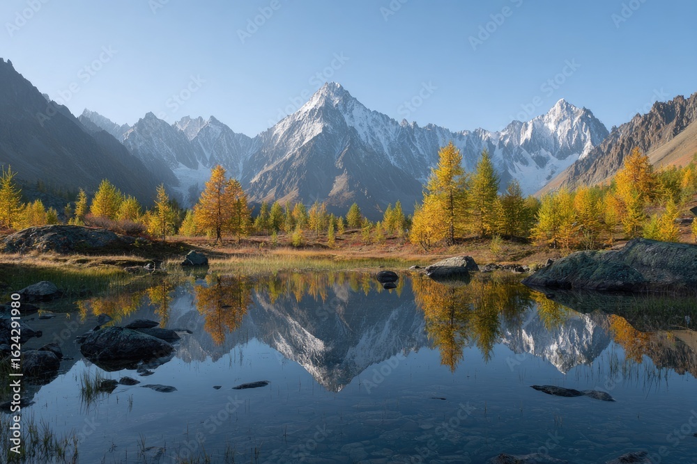 Fototapeta premium Autumnal mountain lake reflecting snowy peaks