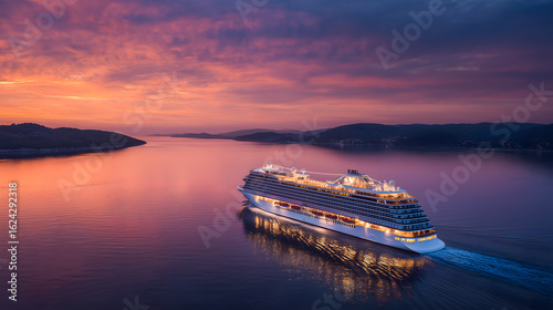 Huge, luxurious cruise ship with multiple decks and glowing lights sails gracefully at sunset on calm, reflective waters near a scenic coastline.