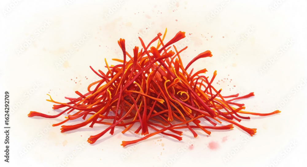 Naklejka premium Delicate watercolor illustration of glowing saffron spice. A precious pile of red crocus sativus threads isolated on a white background.