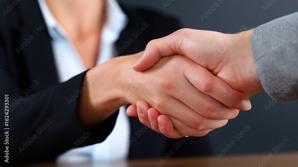 Obraz premium Female investor in real estate. A close-up of two hands engaged in a handshake, symbolizing agreement, partnership, or greeting in a professional setting.