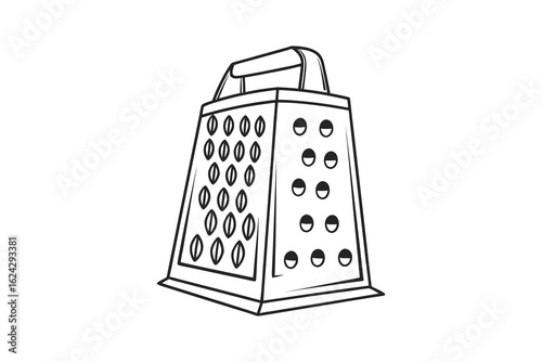 A black and white line drawing silhouette of a box grater kitchen tool isolated on white background