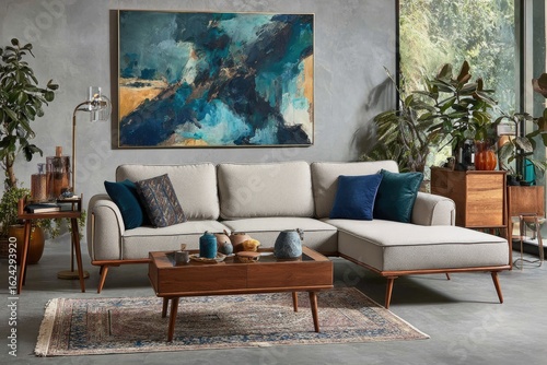 Modern sectional sofa with art and plants
