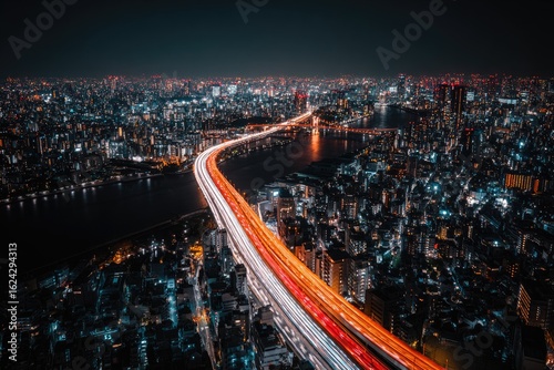Wallpaper Mural Night city lights on highway.  Aerial view of Tokyo's metropolitan area at night, showing a highway stretching across the city, lit with streaks of light from moving vehicles.  Torontodigital.ca