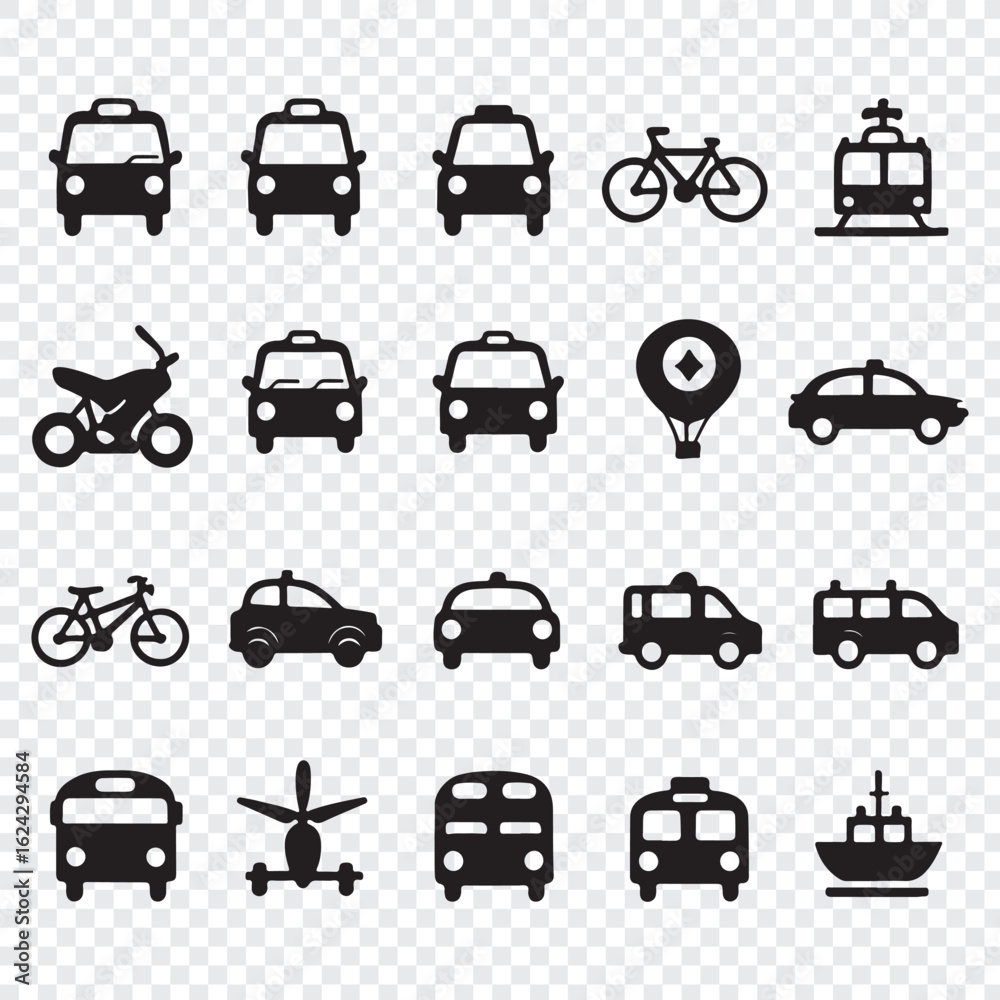 Fototapeta premium Black Silhouette Transportation Icon: Set with Long Shadows – Vector Collection, transportation icons, vehicle silhouettes, black icon set, shadow icons, taxi icon, bicycle icon, motorbike symbol.