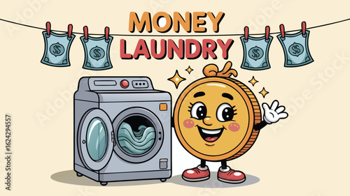 Cartoon Money Laundering Concept Washing Machine with Money and Smiling Coin Mascot Illustration