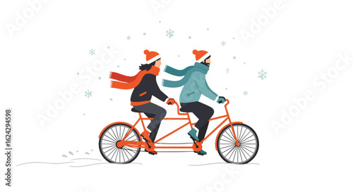 Winter Tandem Ride: Couple Cycling in Snow