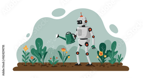 Robot waters flowers in garden on wavy background for automation concept