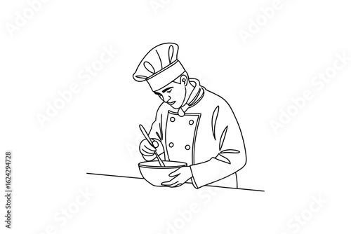 Chef in traditional uniform preparing food in a bowl with a whisk depicted as a line art silhouette isolated on white background