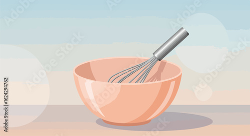 Whisk inside bowl on a table with a soft abstract background. Baking illustration